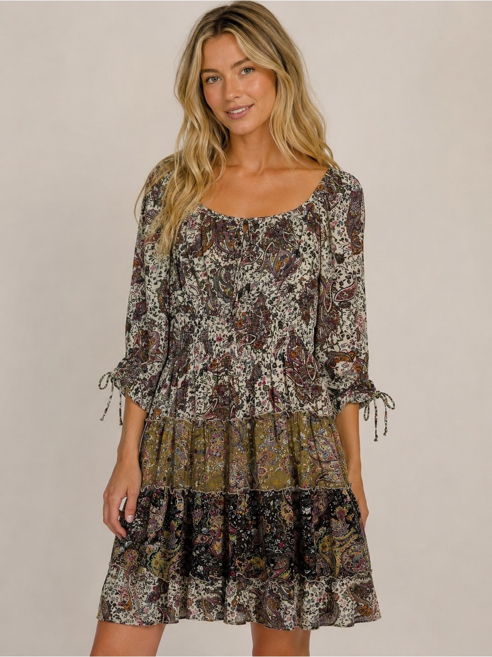 FIG & FLOWER • midi dress bohemian paisley print tiered skirt & tie cuff sleeve